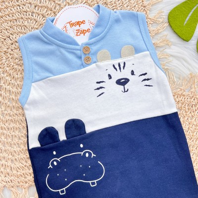 Macaquinho Regata Tigre e Hipopótamo Baby - Azul Claro, Branco e Marinho